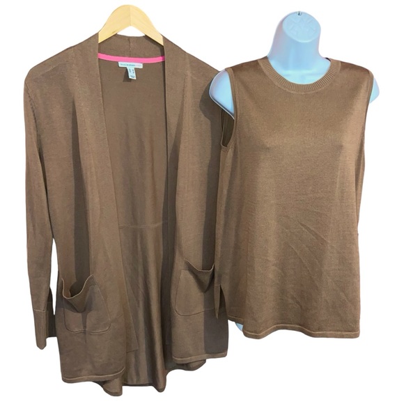 Isaac Mizrahi Brown Open Cardigan Sweater Sleeveless Top - Women’s Small 2PC - Picture 16 of 16